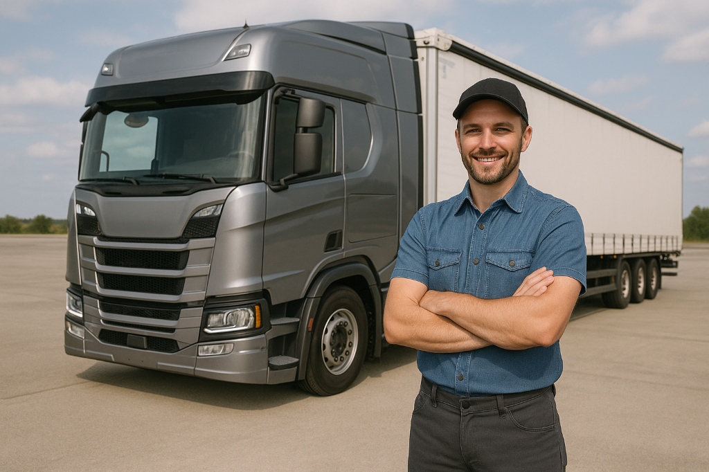 Professional European truck driver with modern semi truck